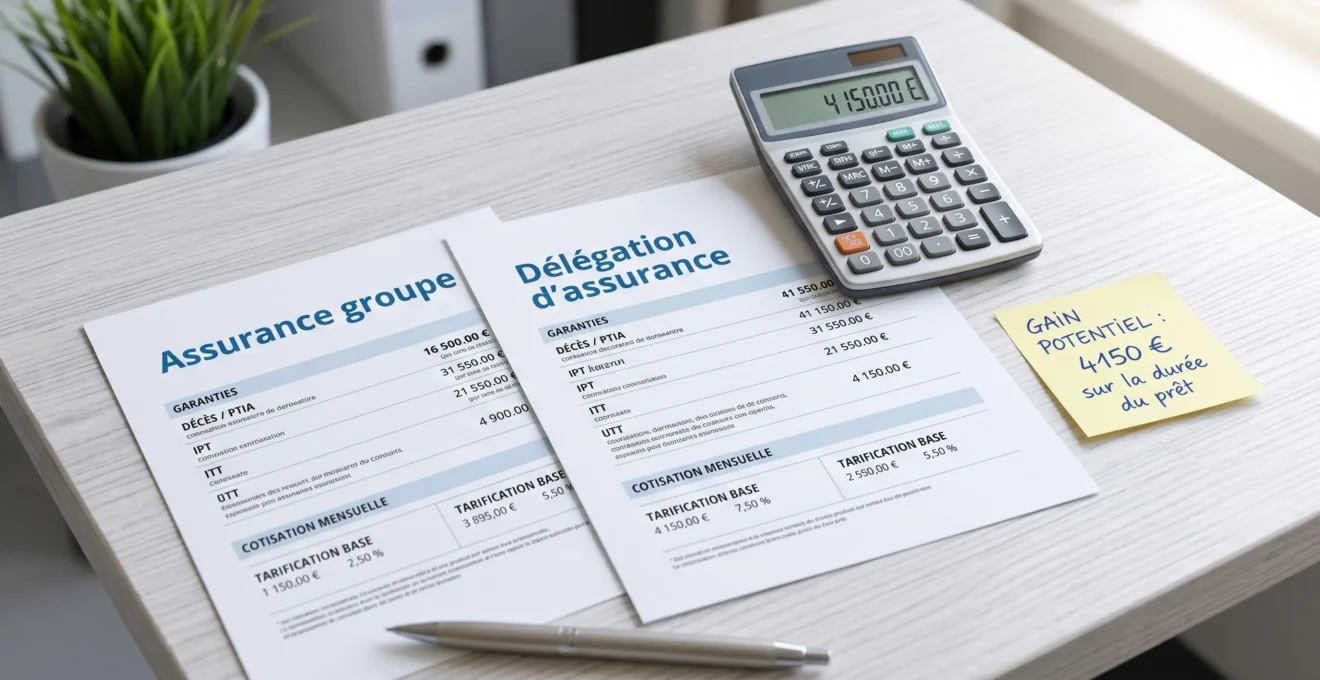 Deux contrats d'assurance emprunteur français posés côte à côte sur un bureau, l'un labellisé assurance groupe et l'autre délégation, calculatrice et notes comparatives manuscrites visibles