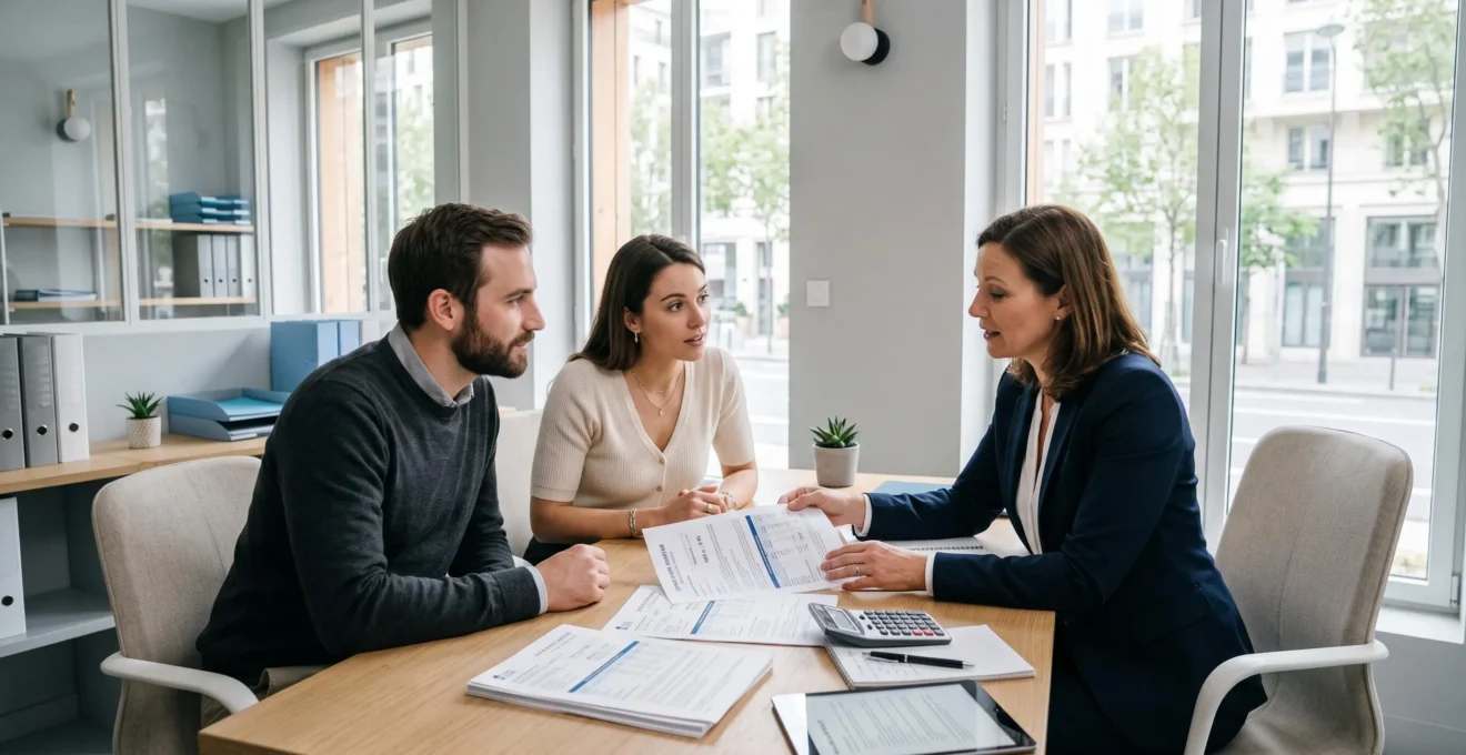 Couple trentenaire consultant des documents de crédit immobilier avec un conseiller bancaire dans un bureau moderne, plan de financement et calculatrice visibles sur la table