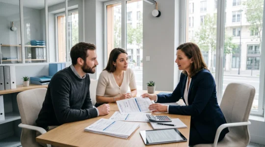 Couple trentenaire consultant des documents de crédit immobilier avec un conseiller bancaire dans un bureau moderne, plan de financement et calculatrice visibles sur la table