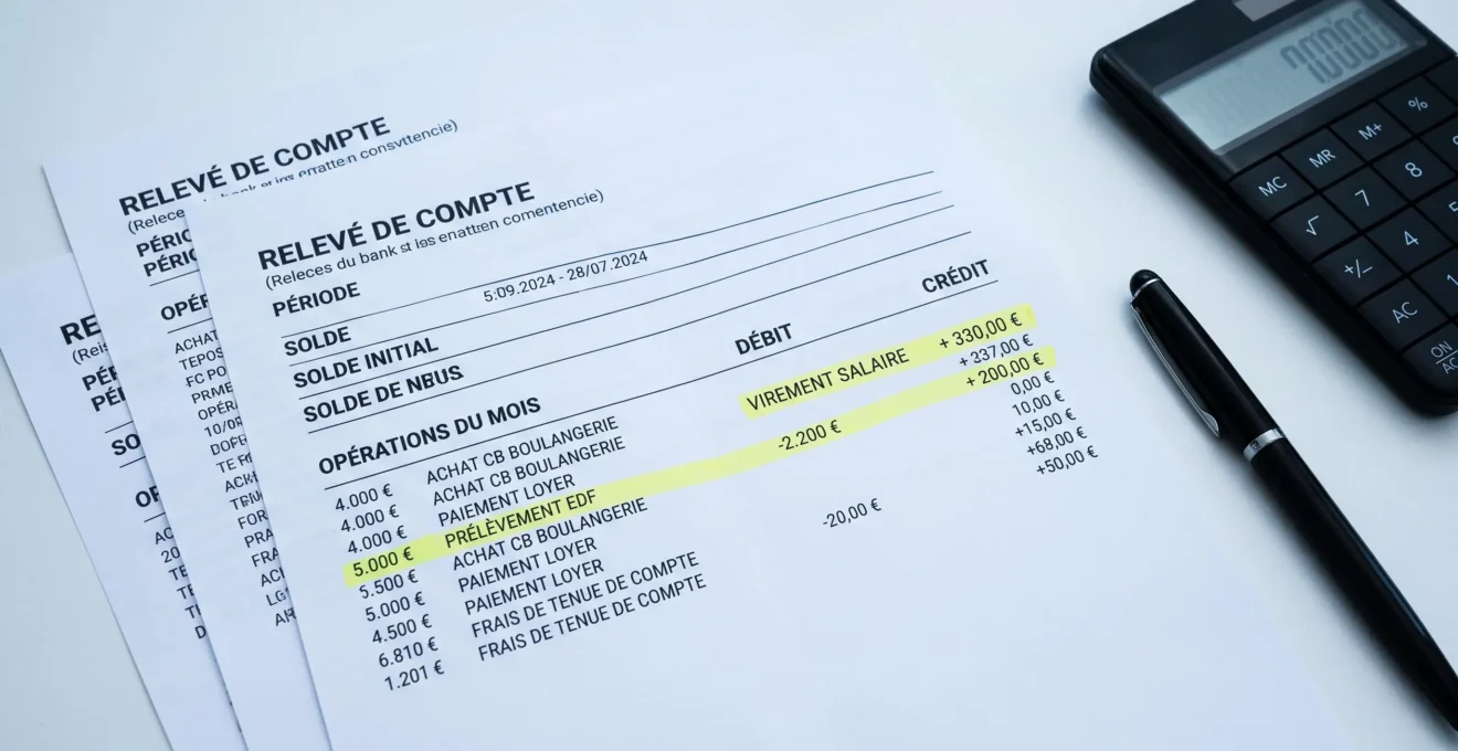 Gros plan sur des relevés bancaires français imprimés avec lignes de crédit et débit surlignées, calculatrice et stylo à côté sur un bureau blanc