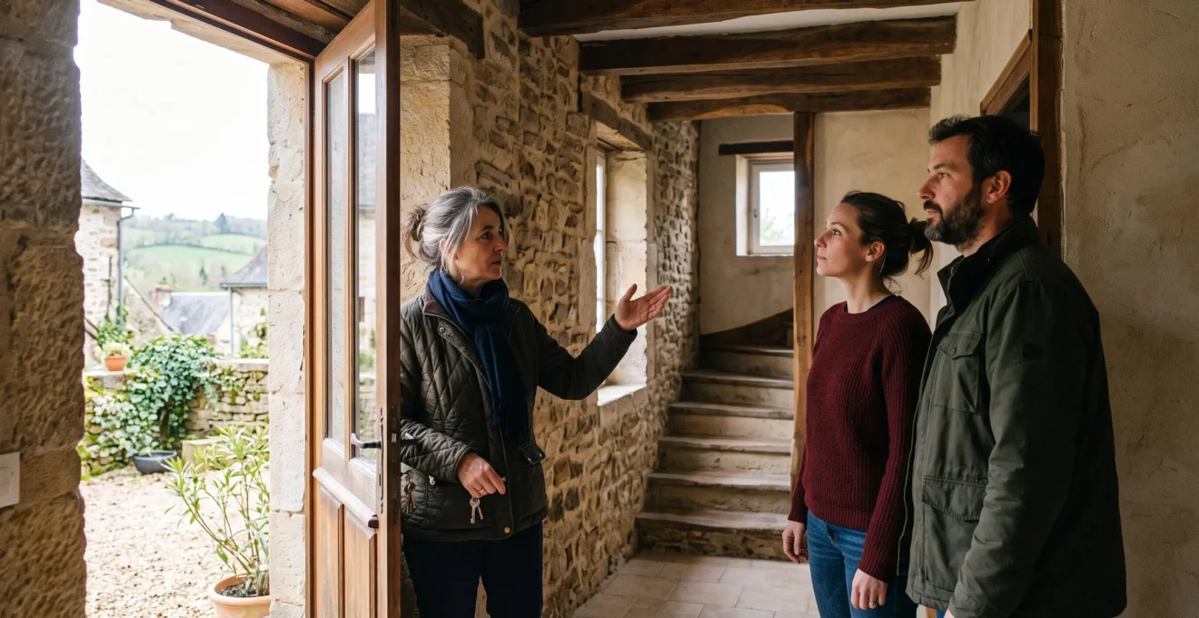 Une agente immobilière faisant visiter l'intérieur en pierre d'une maison ancienne de Corrèze à un couple.