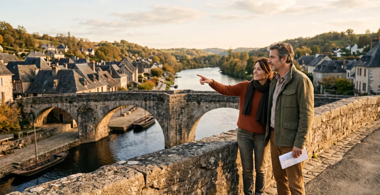 Un couple observant la Dordogne et les maisons d'Argentat-sur-Dordogne depuis le pont de pierre en fin de journée.