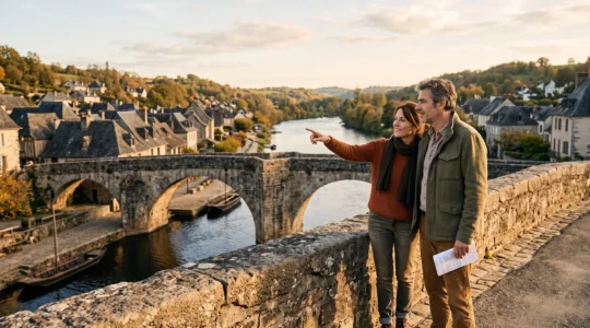 Un couple observant la Dordogne et les maisons d'Argentat-sur-Dordogne depuis le pont de pierre en fin de journée.