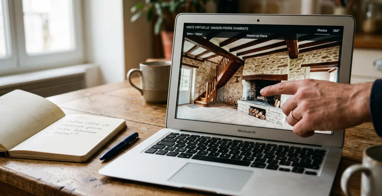 Écran d'ordinateur montrant une visite virtuelle d'une maison en pierre, avec un carnet posé à côté sur une table.